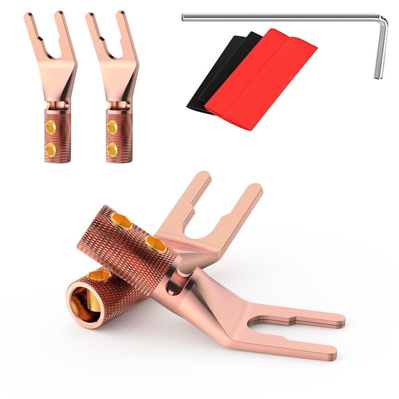 VIBORG 4PCS Spade Connectors,45 Degree Pure Copper Audio Fork Y Spade Plug DIY with Heat Shrink Tubing and Hex Wrench, Double Screw Locking Speaker Cable Plugs for Speaker Cables (Gold Plated) - Image 1